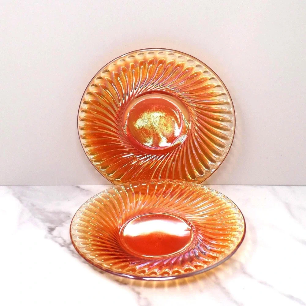 Vintage Irridescent Amber Carnival Glass Swirl Saucer, set of 2